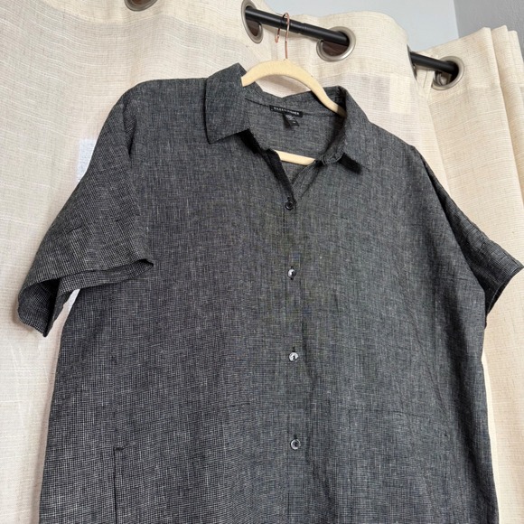 Eileen Fisher Shirt Dress Hemp Organic Cotton Check Short Sleeve Oversized SMALL - Picture 4 of 11